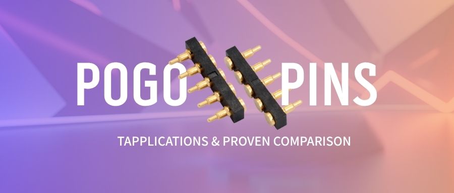 Pogo pins spring loaded connector types and applications diagram showing standard, right-angle, and magnetic connectors for PCB testing and charging