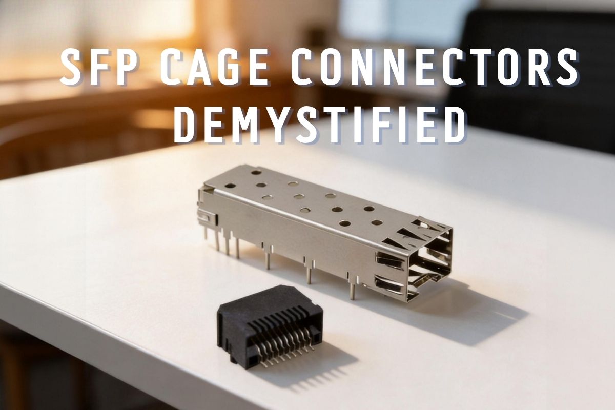 SFP cage connector mounted on PCB with EMI shielding cage and transceiver module inserted